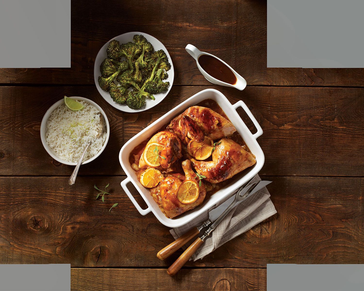 Our Recipes - Whole chicken with orange-maple glaze and baked sesame broccoli | Marché Bonichoix
