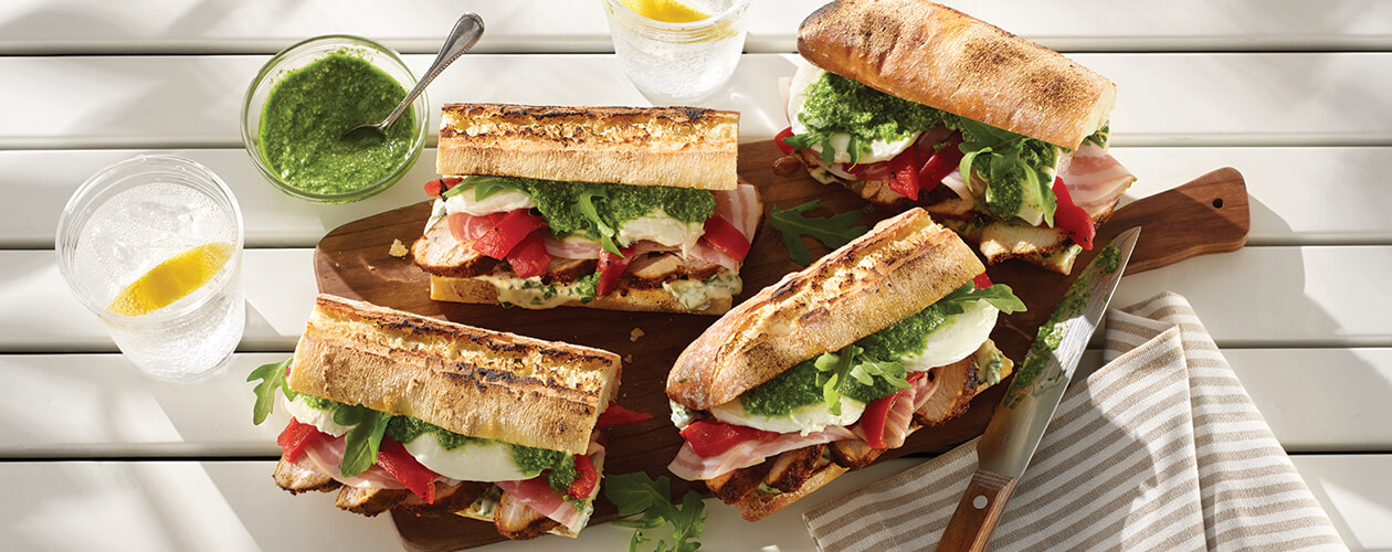 Our Recipes - Grilled chicken sandwich with arugula pesto, herb and lemon mayonnaise | Marché Bonich