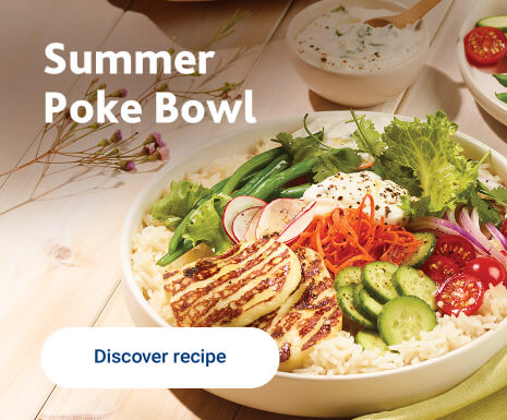An image of a summer poke bowl dish. Click on "Discover more" to read the full recipe.