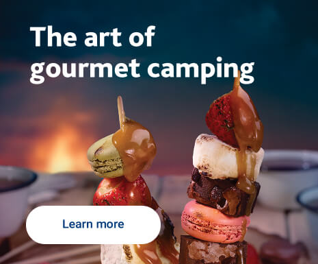 Text reading "The Art of Gourmet Camping. Click on learn more for camp recipe ideas and an image of campfire cooking."