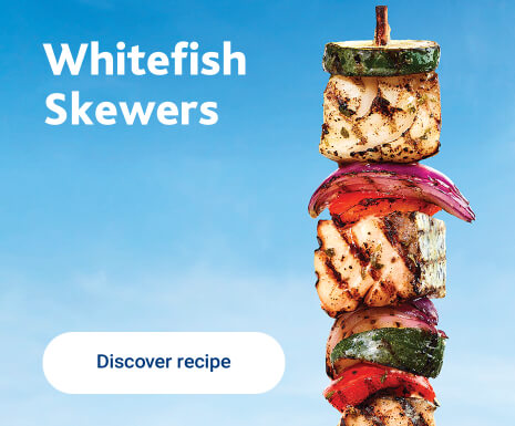 An image of the whitefish skewers dish is available; click on Discover More to read the full recipe.