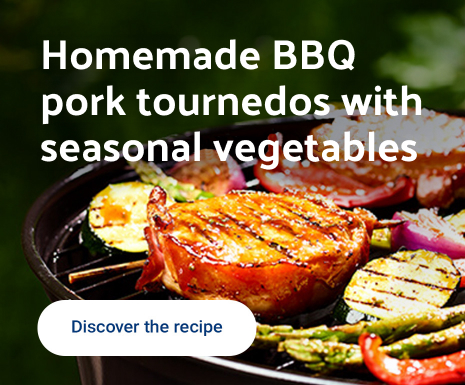 Homemade BBQ pork tournedos with seasonal vegetables