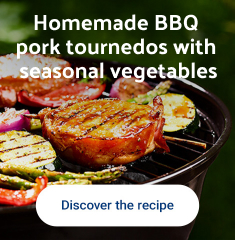 Homemade BBQ pork tournedos with seasonal vegetables.