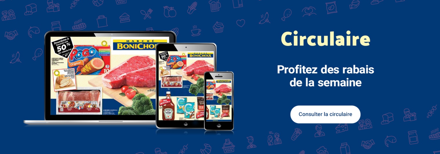 Un dépliant promotionnel présentant divers produits d'épicerie, notamment de la viande, du bacon et des boissons. Le texte dit , "Faites le plein de toutes les promotions de cette semaine" avec un bouton pour "Voir le dépliant ".