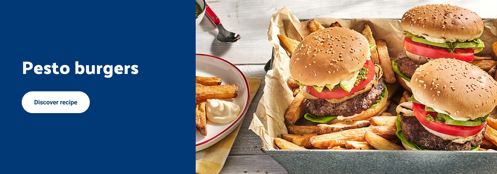 Text reading: "Pesto burgers with fries and dipping sauce, ready to serve. Check CTA discover recipe."