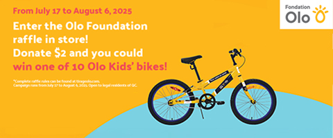 olo_kids_bikes_ Text reading: "From July 17 to August 6, 2025. Enter the Olo Foundation raffle in store! Donate $2 and you could win one of 10 Olo Kids’ bikes. Complete raffle rules can be found at tlrageolo.com."