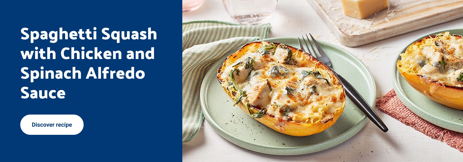 Spaghetti squash with chicken and spinach alfredo sauce