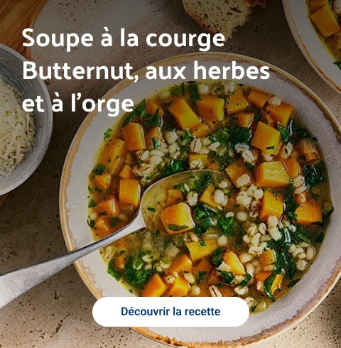 Soupe à la courge Butternut, aux herbes et à l’orge